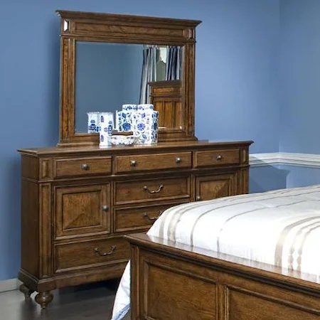 Traditional 7 Drawer Dresser and Mirror with Raised Panels